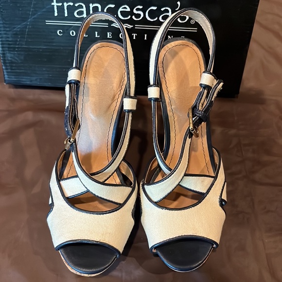 Like new size 7.5 white canvas and navy trim cork wedges - Picture 2 of 9